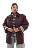 [ASOS Curve] ASOS DESIGN waxed cinched waist jacket with contrast collar in plum-Purple XL Plum