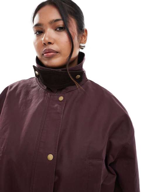 ASOS DESIGN waxed cinched waist jacket with contrast collar in plum 