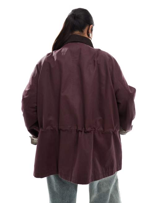 ASOS DESIGN waxed cinched waist jacket with contrast collar in plum 