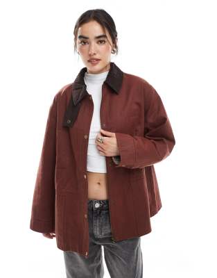 Asos Design Waxed Cinched Waist Jacket With Contrast Collar In Red
