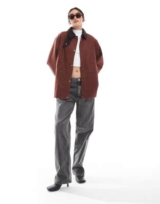 Asos Design Waxed Cinched Waist Jacket With Contrast Collar In Red