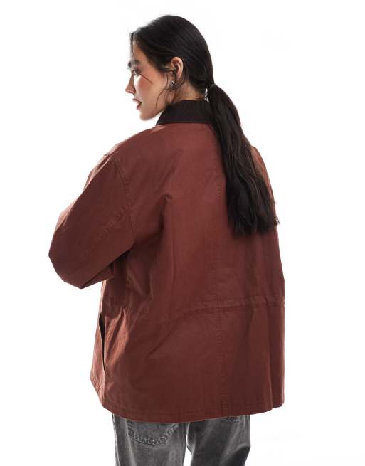 ASOS DESIGN waxed cinched waist jacket with contrast collar in rust