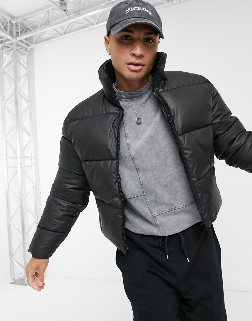 ASOS DESIGN waxed cropped puffer jacket in black