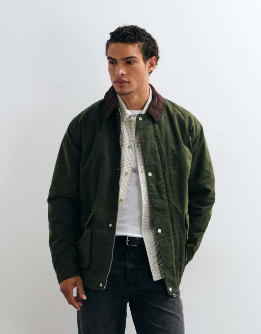 ASOS DESIGN waxed field jacket with contrast collar in green, 2 of 5