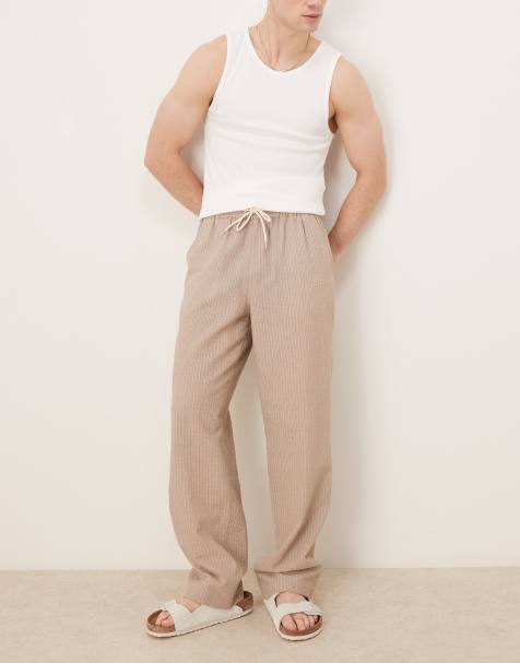 ASOS DESIGN straight fit pull on trouser in beige and white stripe