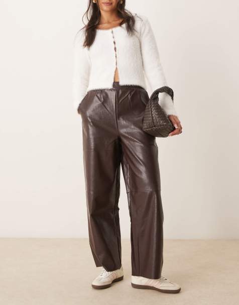 ASOS DESIGN faux leather pull on barrel trousers in chocolate