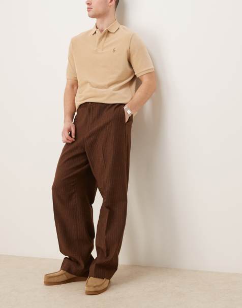 ASOS DESIGN – Wciągane eleganckie spodnie z szerokimi nogawkami i stretchem z mieszanki wełny w camelowym kolorze w prążki - view 1
