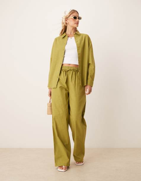 ASOS DESIGN linen look pull on trousers co-ord in olive