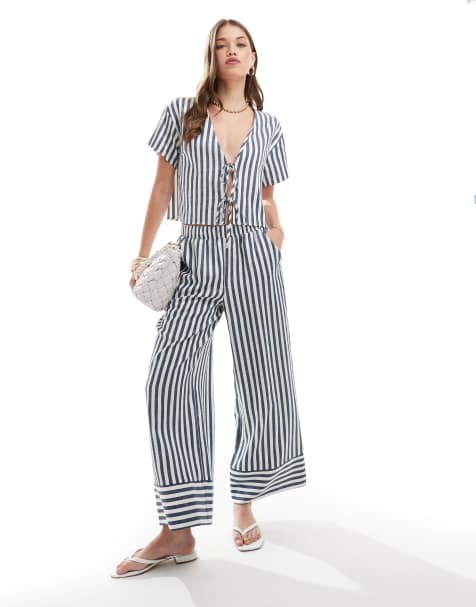ASOS DESIGN – Wciągane popelinowe spodnie w niebieskie paski, część zestawu - view 1