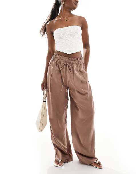 ASOS DESIGN oversized pull on trousers with panel and pleat detail in mocha