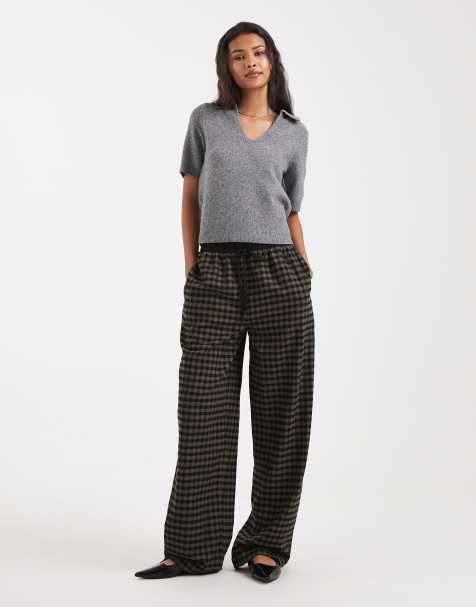 ASOS DESIGN pull on tie waist barrel trousers co-ord in black & khaki check