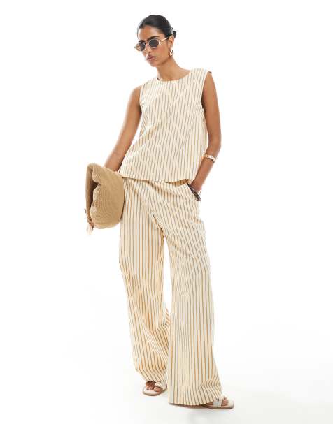 ASOS DESIGN – Wciągane spodnie z kory w brązowe paski z prostymi nogawkami, część zestawu - view 1