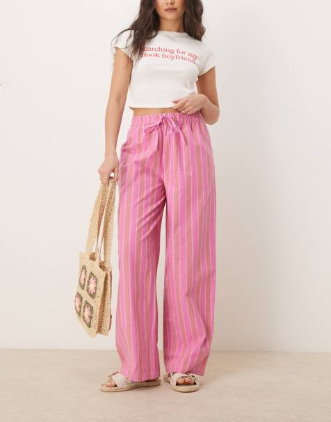 ASOS DESIGN – Wciągane spodnie z materiału o wyglądzie lnu w różowe paski - view 1