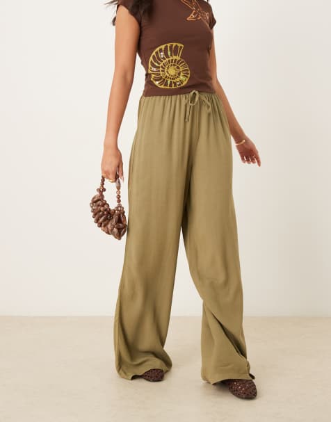 ASOS DESIGN – Wciągane spodnie z mieszanki lnianej w kolorze khaki - view 1