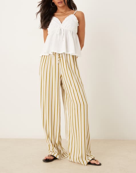 ASOS DESIGN – Wciągane spodnie z mieszanki lnu w oliwkowe prążki - view 1