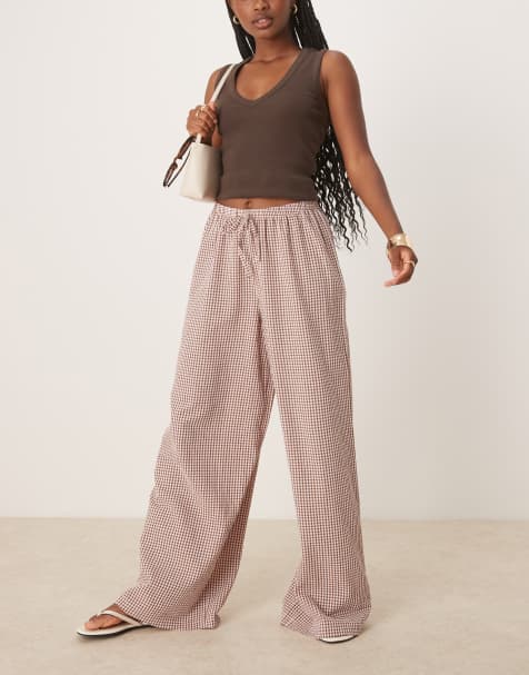 ASOS DESIGN wide leg pull on trouser in pink gingham