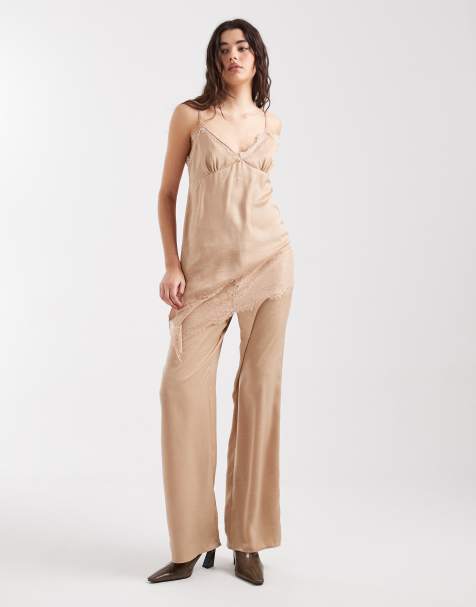 ASOS DESIGN crinkle satin wide leg pull on trouser in beige