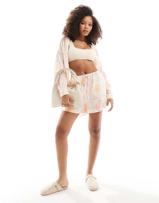 ASOS DESIGN – Wciągane szorty z domieszką lnu w kafelkowy wzór