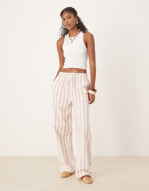 ASOS DESIGN linen look pull on tapered trousers in mink stripe