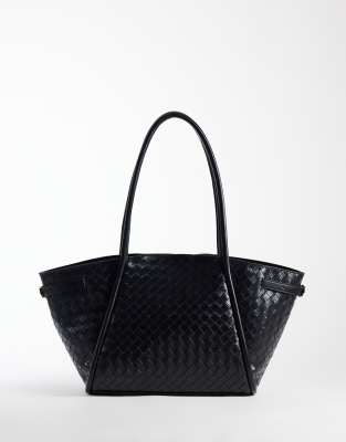 Asos Design Weave Belted Tote Bag In Black