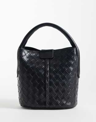 Asos Design Weave Bucket Bag With Detachable Cross Body Strap In Black