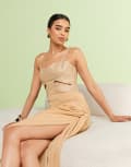 [ASOS DESIGN] ASOS DESIGN weave bust maxi dress with draped chiffon skirt in tan-Neutral 14 TAN