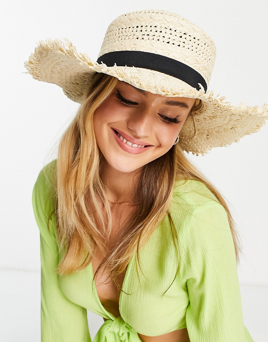 ASOS DESIGN weave design straw boater with raw edge and size adjuster-Neutral
