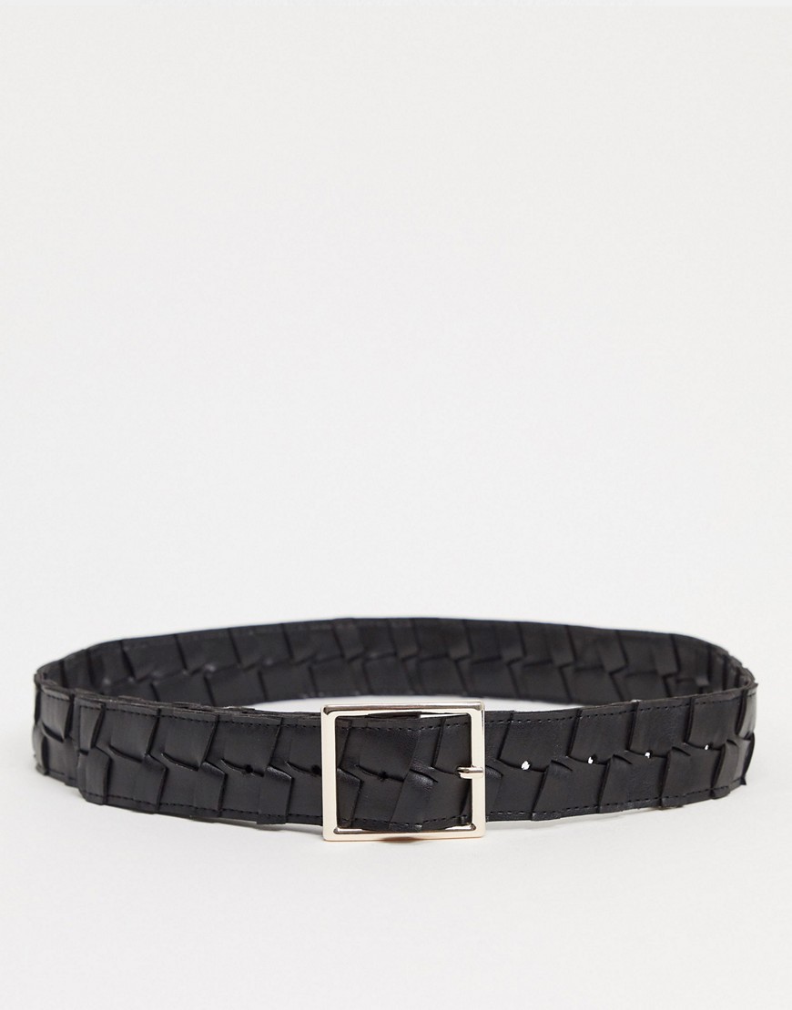 ASOS DESIGN weave detail jeans belt in black with gold buckle