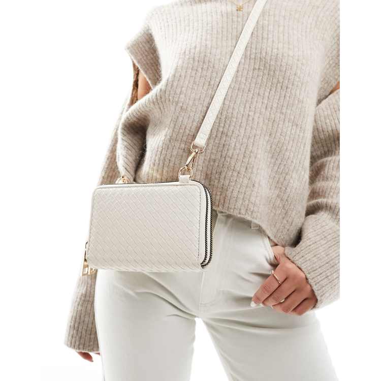 ASOS DESIGN weave double gusset zip crossbody bag in off-white