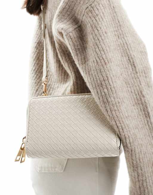 ASOS DESIGN weave double gusset zip crossbody bag in off-white