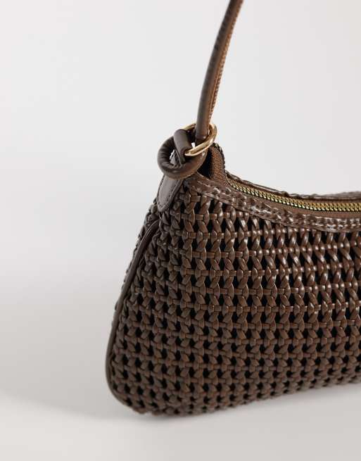 ASOS DESIGN weave shoulder bag with knot detail skinny strap in chocolate, 4 of 4