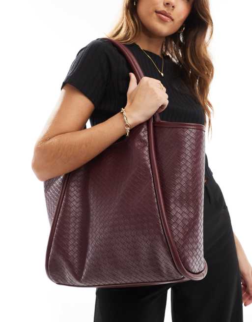 ASOS DESIGN weave tubular tote bag in burgundy