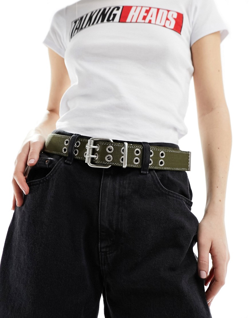 Asos Design Webbed Waist And Hip Jeans Belt In Khaki-green
