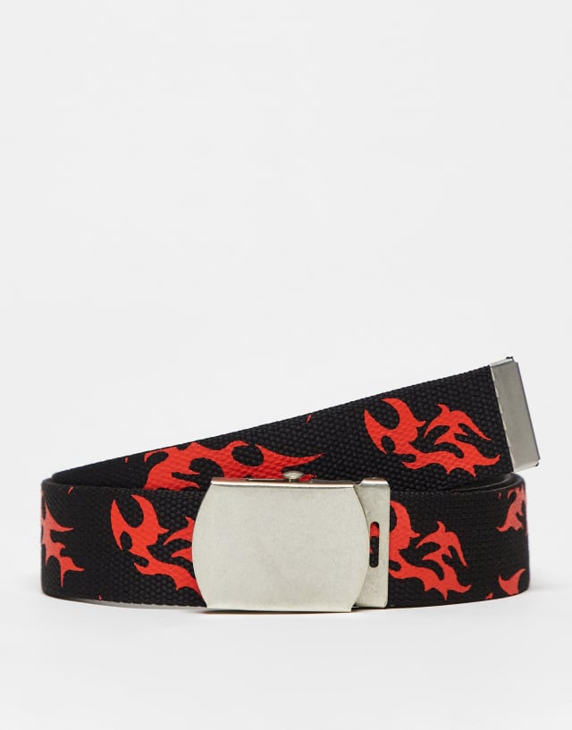 ASOS DESIGN webbing belt with 90s tattoo print in black and orange