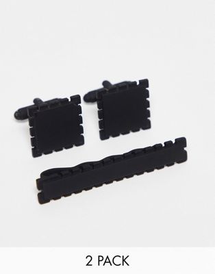 ASOS DESIGN wedding 2 pack cufflinks and tie bar set with cut out edge detail in matte black