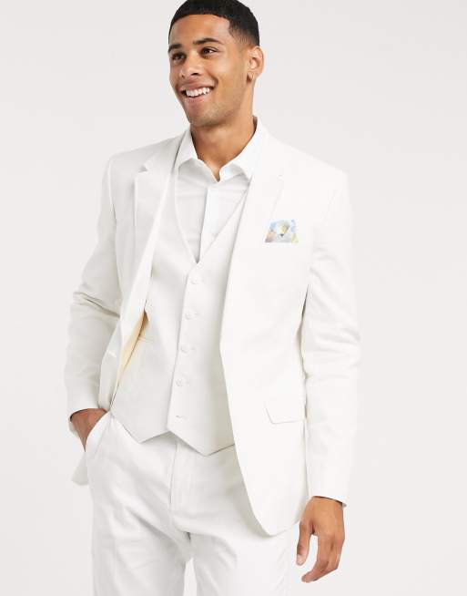ASOS DESIGN Wedding – Anzugjacke aus elastischem Leinenmix in Weiß mit engem Schnitt