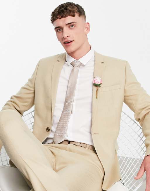 ASOS DESIGN Wedding – Anzugjacke mit engem Schnitt in Wolloptik in Camel