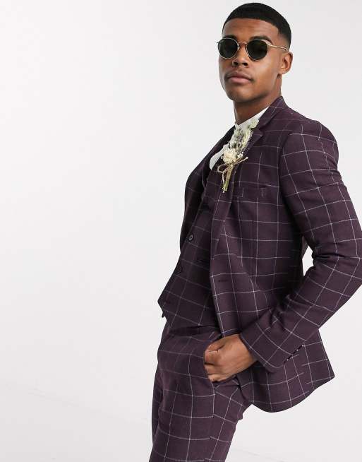 ASOS DESIGN Wedding – Bordowy garnitur o bardzo obcisłym kroju w kratę, 2 z 3