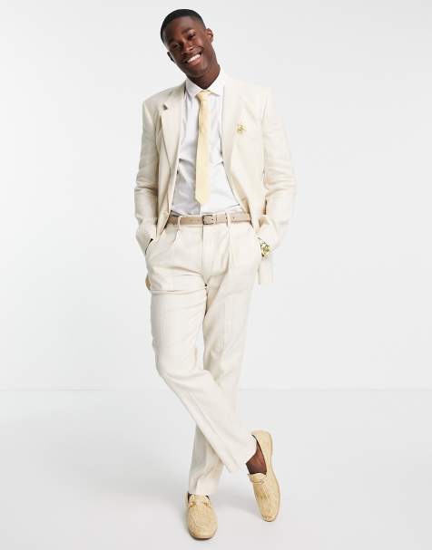 ASOS DESIGN Wedding – Beige kavaj i linnemix med vida ränder och smal passform - view 1