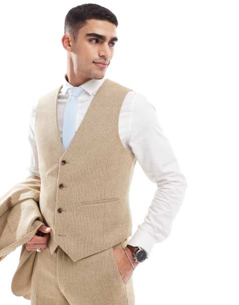 ASOS DESIGN Wedding – Beige, strukturvävd kostymväst i yllemix med smal passform - view 1