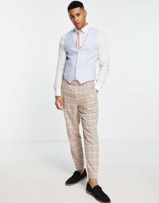 ASOS DESIGN Wedding – Blå hundtandsmönstrad kostymväst i linnemix med supersmal passform, 4 av 4