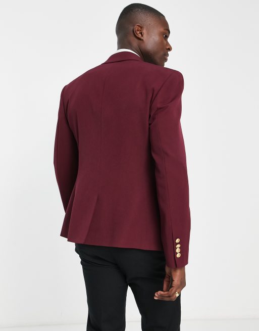 ASOS DESIGN Wedding – Blazer in Burgunderrot mit engem Schnitt und goldfarbenen Knöpfen, 2 von 4