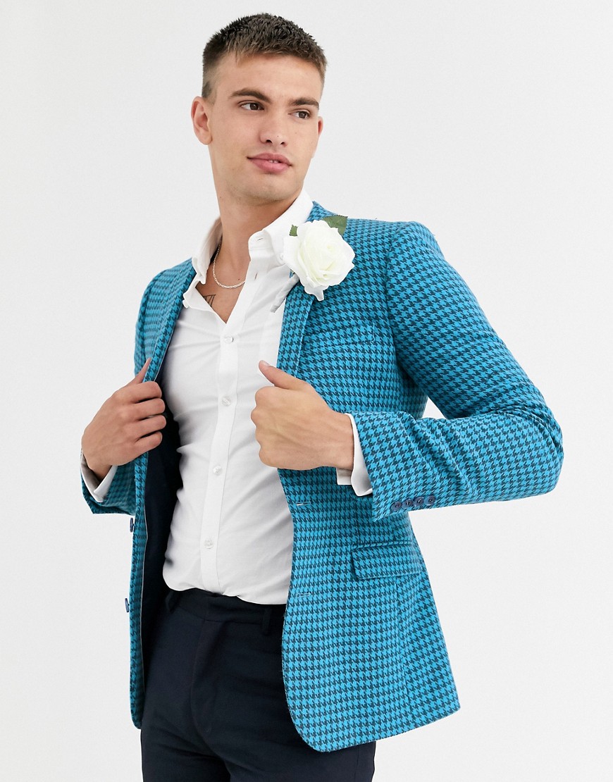 ASOS DESIGN Wedding - Blazer in misto lana super skinny a pied de poule grandi blu