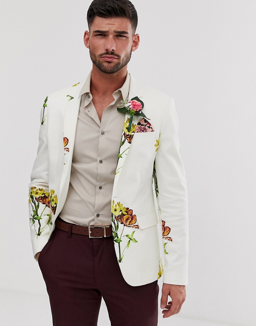 ASOS DESIGN wedding - Blazer skinny bianco a fiori