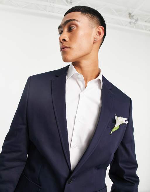 ASOS DESIGN Wedding - Blazer skinny blu navy in cotone, 3 di 4