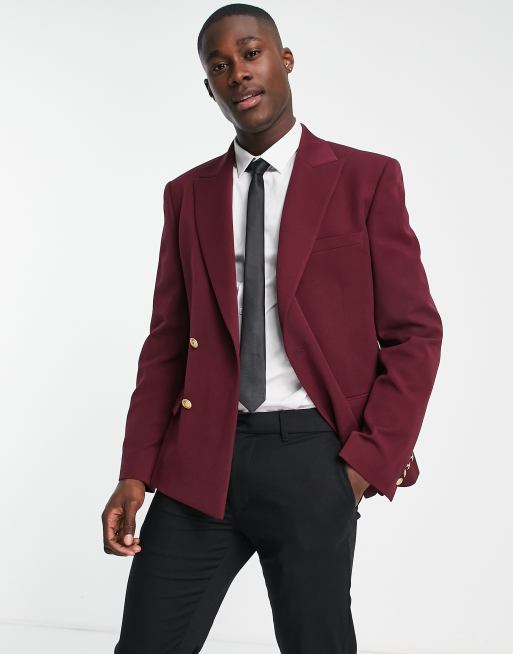 ASOS DESIGN Wedding - Blazer skinny bordeaux con bottoni color oro