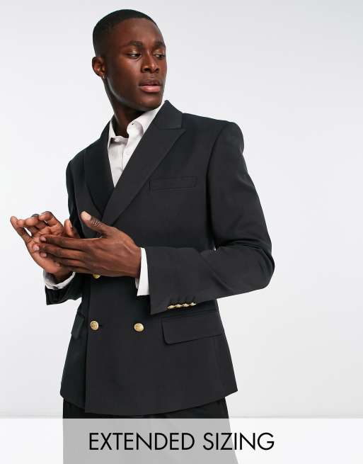 ASOS DESIGN Wedding - Blazer skinny doppiopetto nero con bottoni oro