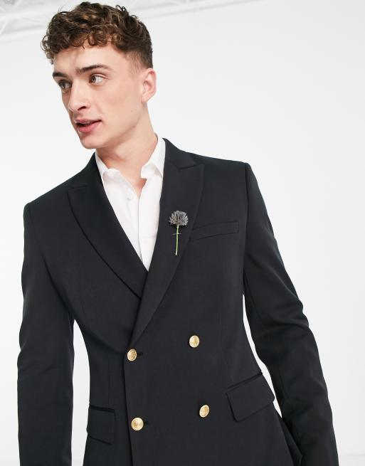 ASOS DESIGN Wedding - Blazer skinny doppiopetto nero con bottoni oro