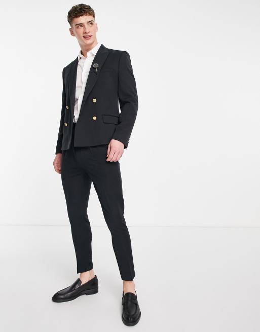 ASOS DESIGN Wedding - Blazer skinny doppiopetto nero con bottoni oro