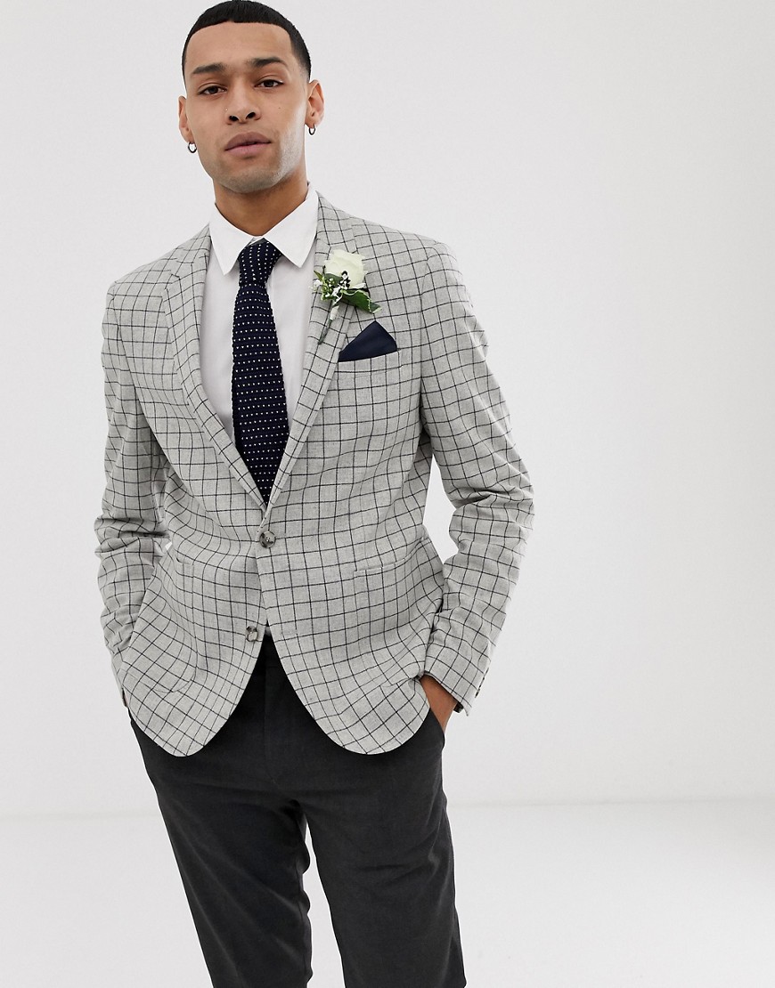 ASOS DESIGN Wedding - Blazer skinny in misto lana a quadretti color pietra